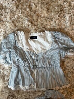 Kourt Blue Stripe Lace-Trim Peplum Blouse